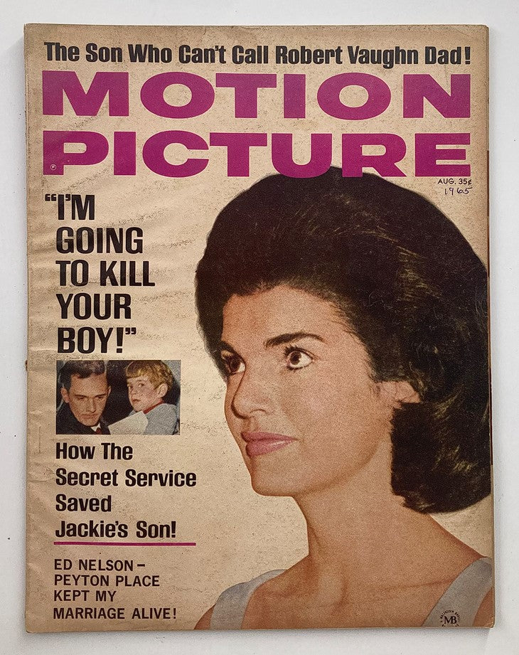 Cover of VTG Motion Picture Magazine August 1965, Volume 55, Issue #655 featuring Jackie Kennedy with a headline quote and an image of actors.