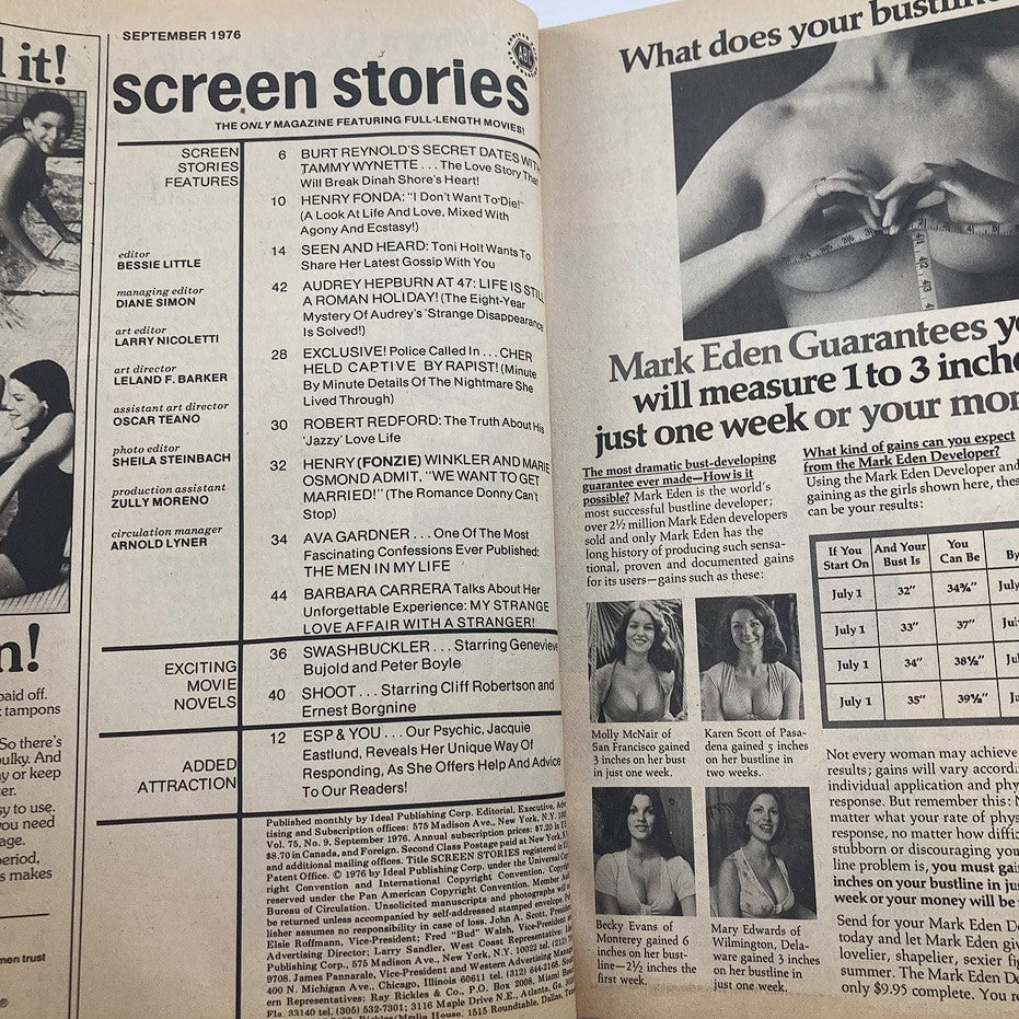 Inside page of VTG Screen Stories Magazine September 1976, displaying contents and featured articles about Cher, Burt Reynolds, and other entertainment features.