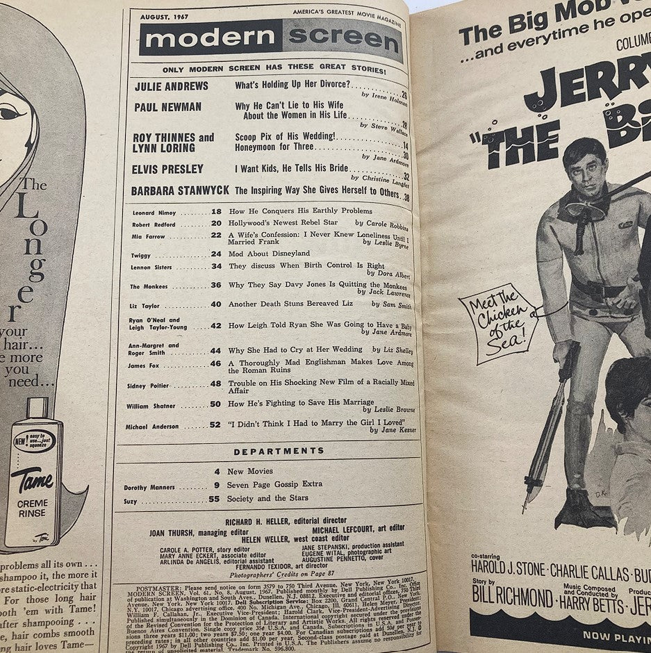Inside page of VTG Modern Screen Magazine August 1967 displaying articles and features, including contributions from celebrities like Elvis Presley and Julie Andrews.