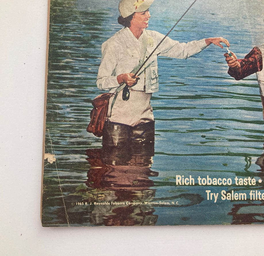 Back cover of VTG Motion Picture Magazine August 1965, Volume 55, Issue #655 featuring a vintage advertisement with a woman fishing.
