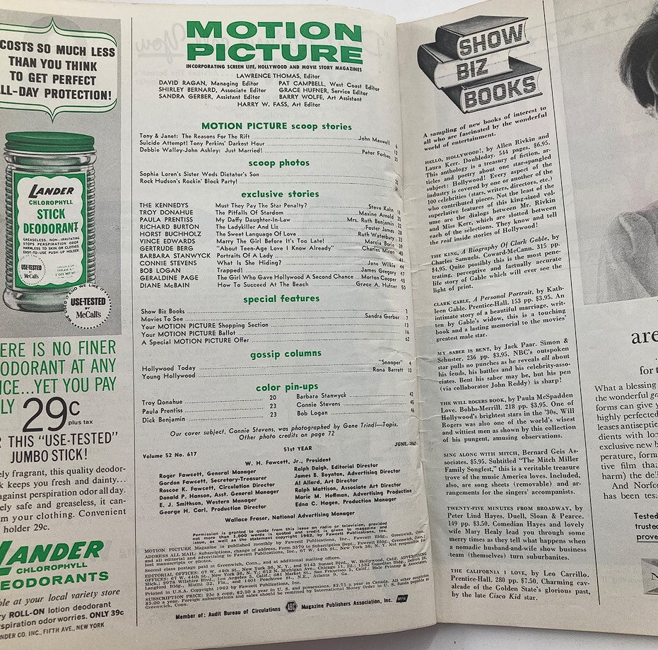 Inside spread of VTG Motion Picture Magazine June 1962, displaying content including articles and advertisements, capturing the essence of classic cinema.