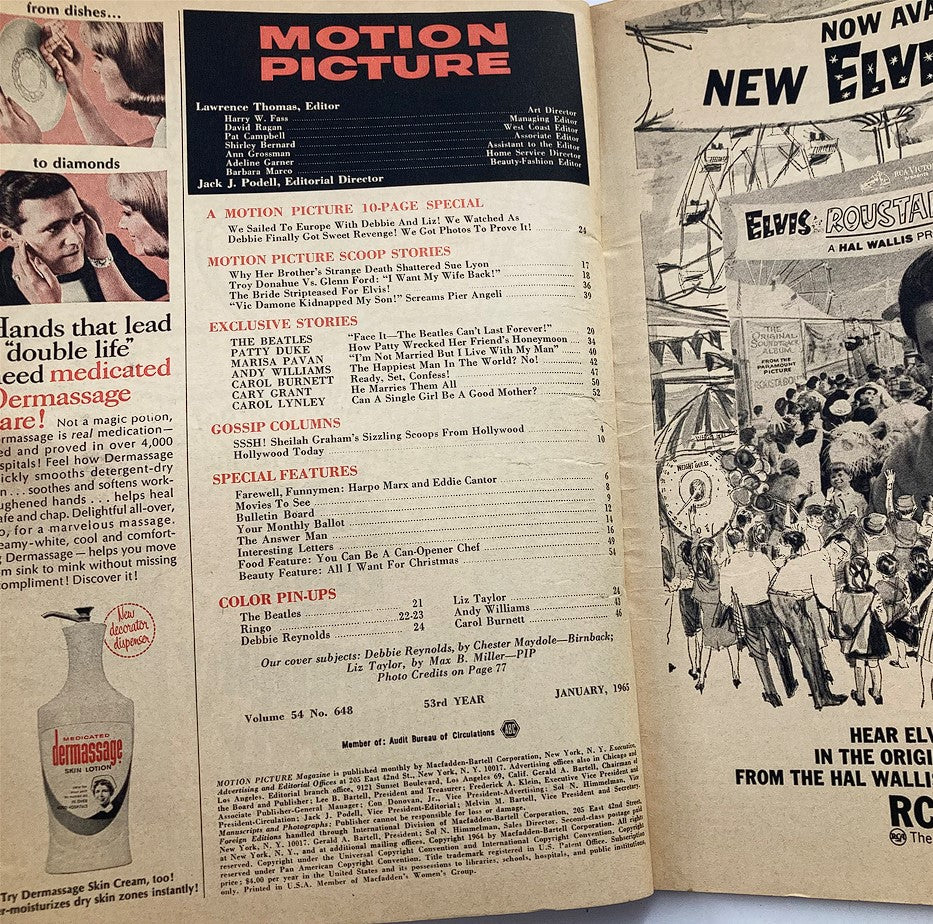 Inside content page of VTG Motion Picture Magazine January 1965 Vol 54 #648, displaying articles and features about popular stars including Debbie Reynolds.
