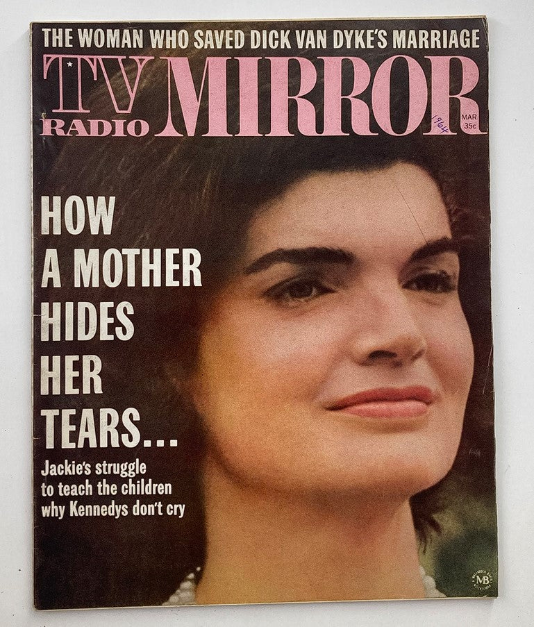 Vintage TV Radio Mirror Magazine from March 1964, Vol 61 #4 featuring an iconic cover with Jackie Kennedy's face and the text 'How a Mother Hides Her Tears...'.