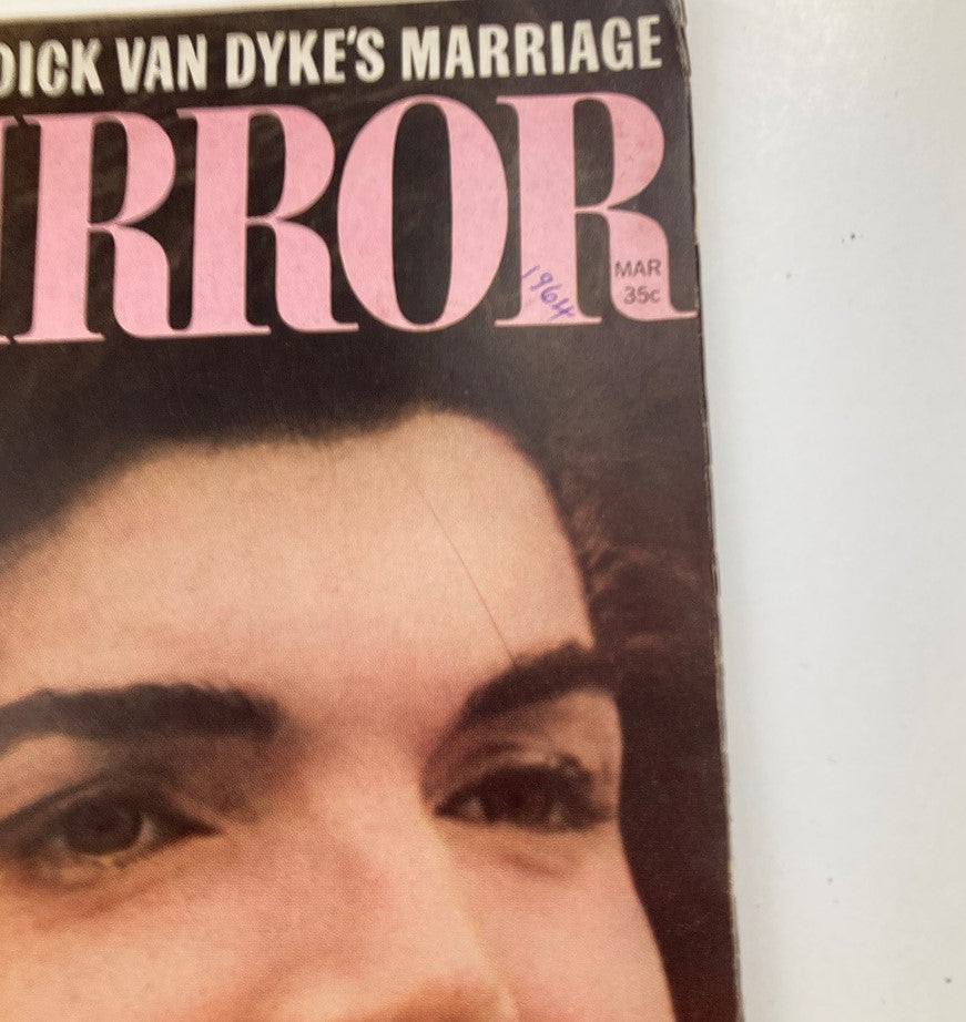 Close-up view of the Vintage TV Radio Mirror Magazine, March 1964, Vol 61 #4, showcasing Jackie Kennedy's portrait and magazine details including 'Dick Van Dyke's Marriage' feature.