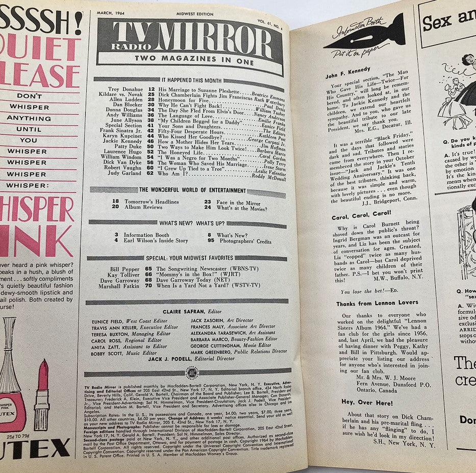 Inside spread of the Vintage TV Radio Mirror Magazine, March 1964, Vol 61 #4, displaying content listings and magazine layout.