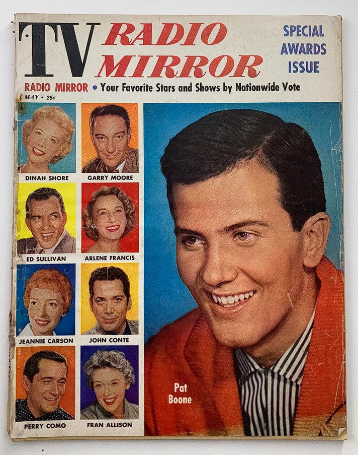 VTG TV Radio Mirror Magazine May 1957 cover featuring a portrait of Pat Boone and fellow stars including Dinah Shore, Garry Moore, Ed Sullivan, and Arlene Francis. This special awards issue captures the essence of 1950s pop culture.