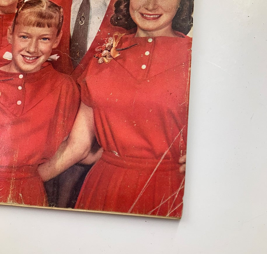 Close-up view of the VTG TV Radio Mirror Magazine January 1959 Vol 51 #2 cover showcasing the Lennon Sisters, highlighting the vibrant red outfits and nostalgic design elements of vintage magazine publication.