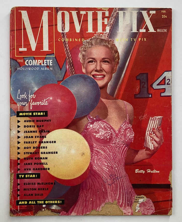 Cover of VTG Movie Pix Magazine February 1952 featuring Betty Hutton with colorful balloons, showcasing the iconic Hollywood theme.