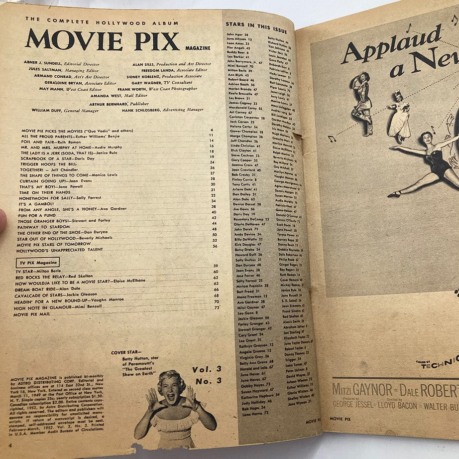 Inside page of VTG Movie Pix Magazine February 1952 displaying the table of contents and featured stars from the issue.