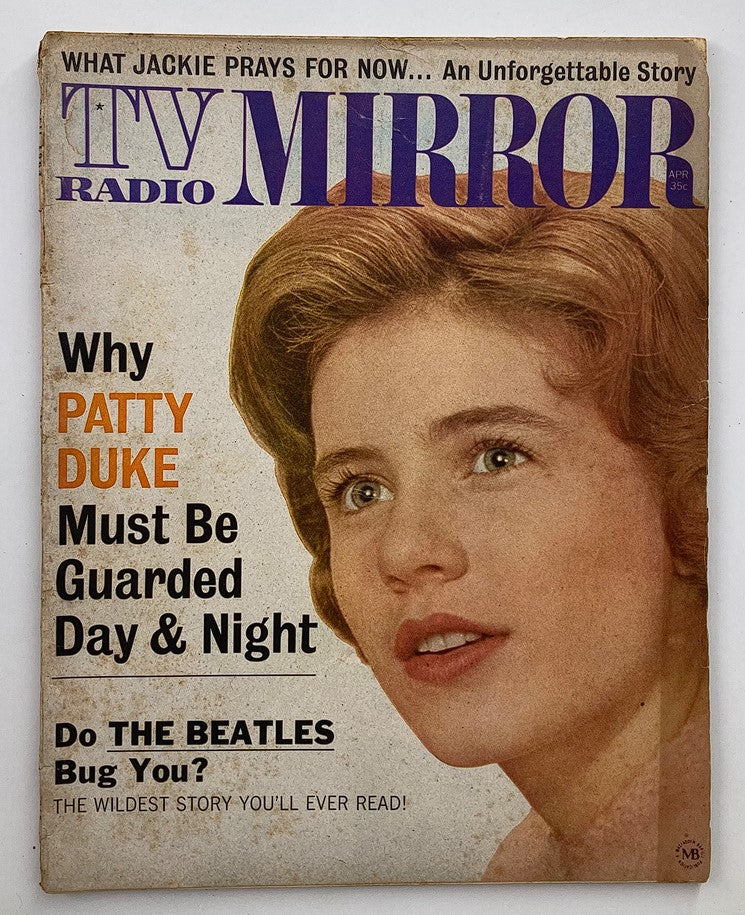 Cover of VTG TV Radio Mirror Magazine from April 1964, featuring Patty Duke with a captivating expression and headlines about her and The Beatles.