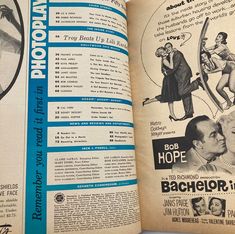 Vintage Photoplay Magazine November 1961 showcasing content and advertisements, including a feature on Debbie Reynolds. The image displays a table of contents along with promotional artwork for the film 'Bachelor in Paradise' featuring Bob Hope.