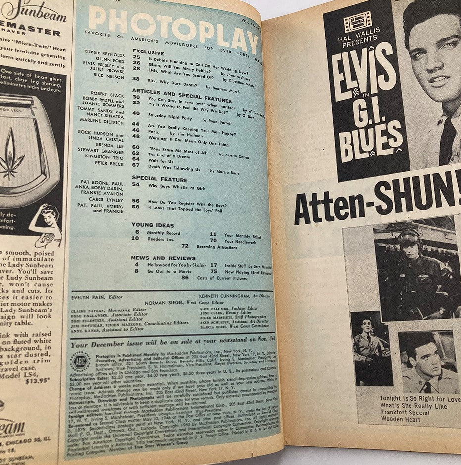 Interior page of VTG Photoplay Magazine November 1960 featuring articles and special features, including Elvis Presley in G.I. Blues. Highlights include nostalgic content and film memorabilia from Hollywood's golden age.