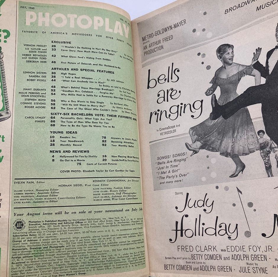 Inside page of VTG Photoplay Magazine July 1960 displaying articles and features related to classic cinema, capturing the essence of vintage Hollywood.