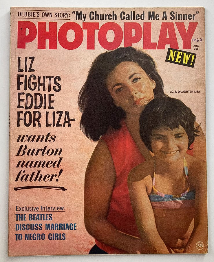 VTG Photoplay Magazine August 1964 featuring Liz Taylor and her daughter Liza on the cover. The magazine highlights an exclusive interview and portrays the glamour of classic Hollywood.