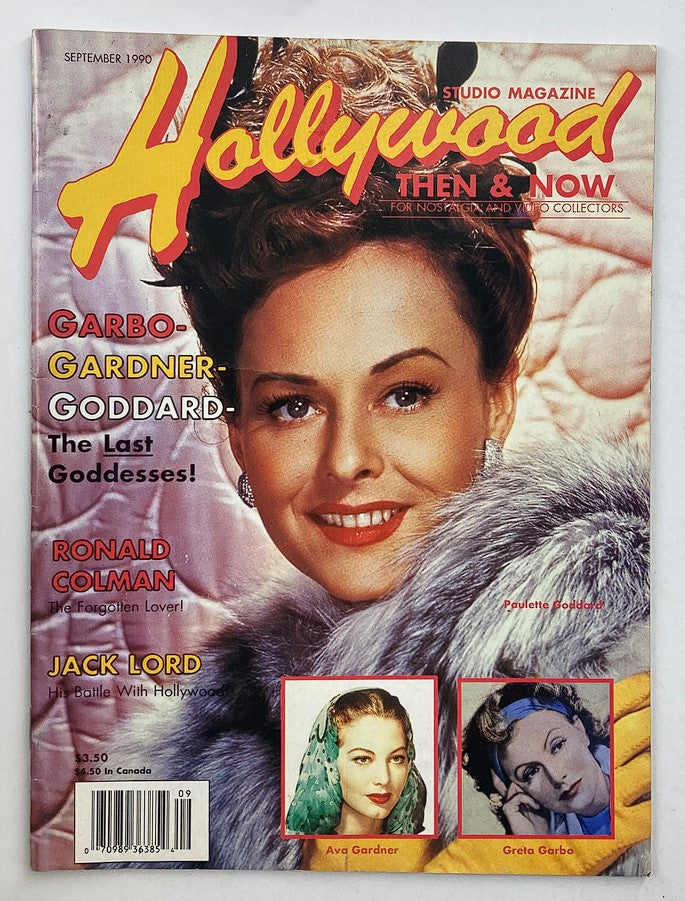 Cover of Hollywood Studio Magazine Then & Now September 1990 featuring Paulette Goddard and iconic stars including Ava Gardner and Greta Garbo. A vintage collectible showcasing classic Hollywood glamour.