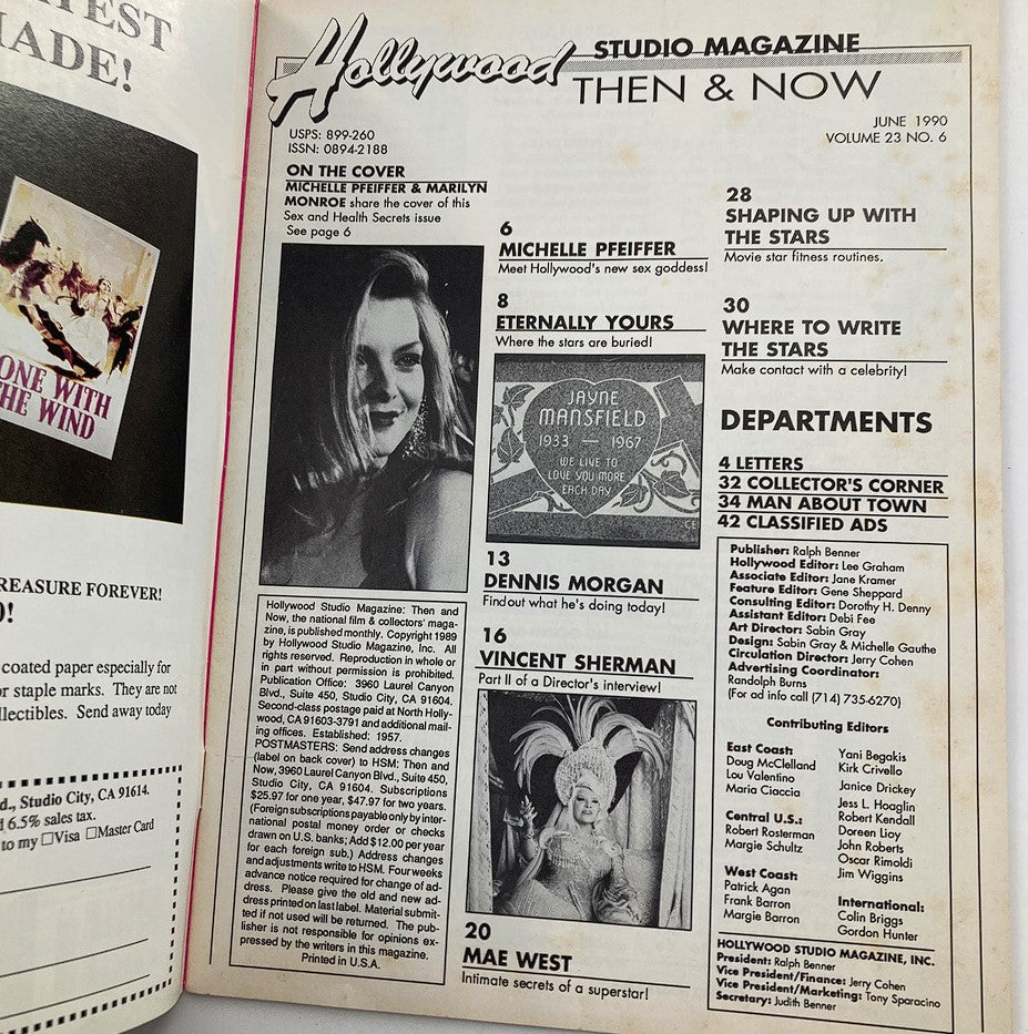 Inside page of Hollywood Studio Magazine Then & Now June 1990 featuring profiles of actresses including Michelle Pfeiffer and Mae West, showcasing classic film history.