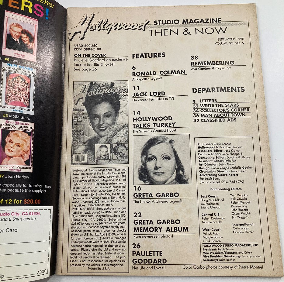 Inside page of Hollywood Studio Magazine Then & Now September 1990, highlighting features on Paulette Goddard, Ronald Colman, and Jack Lord, along with magazine details and history.