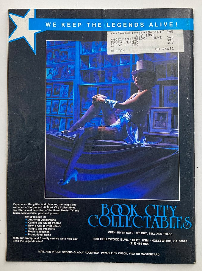 Back cover of Hollywood Studio Magazine Then & Now September 1990 advertising Book City Collectibles, featuring a model in a glamorous Hollywood setting. A representative piece of vintage entertainment collectables.