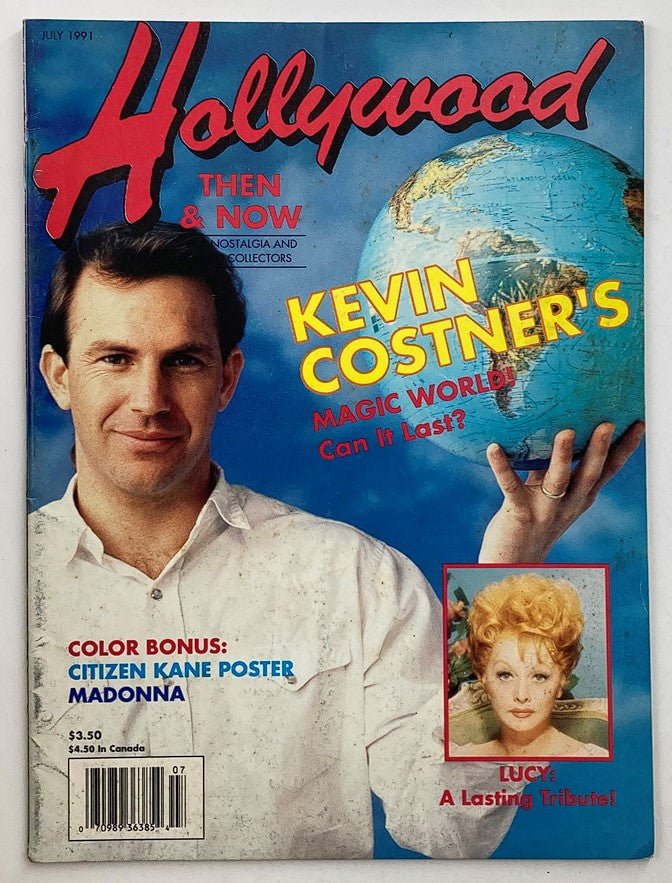 Cover of Hollywood Studio Magazine Then & Now, July 1991 featuring Kevin Costner, with the text 'MAGIC WORLD! Can it Last?' and a color bonus Citizen Kane poster. Vintage Hollywood memorabilia.