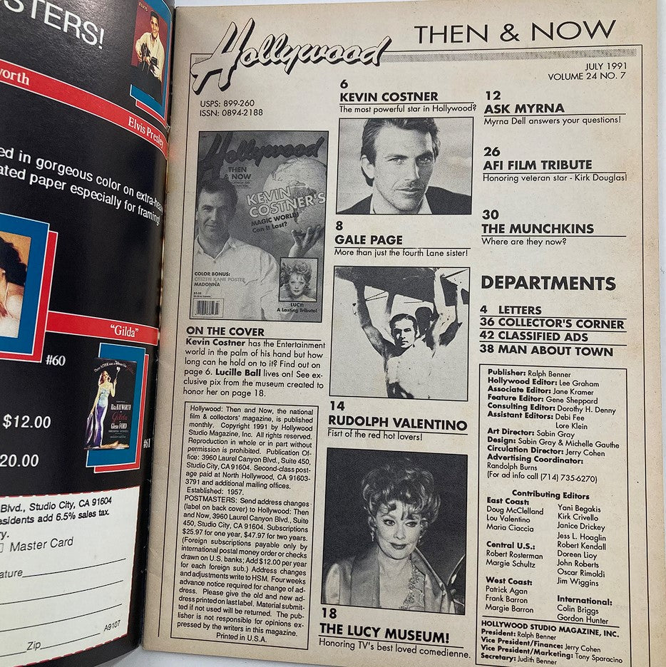 Inside page of Hollywood Studio Magazine Then & Now, July 1991, showcasing an article about Kevin Costner and list of contents, highlighting nostalgic elements of early 1990s Hollywood.