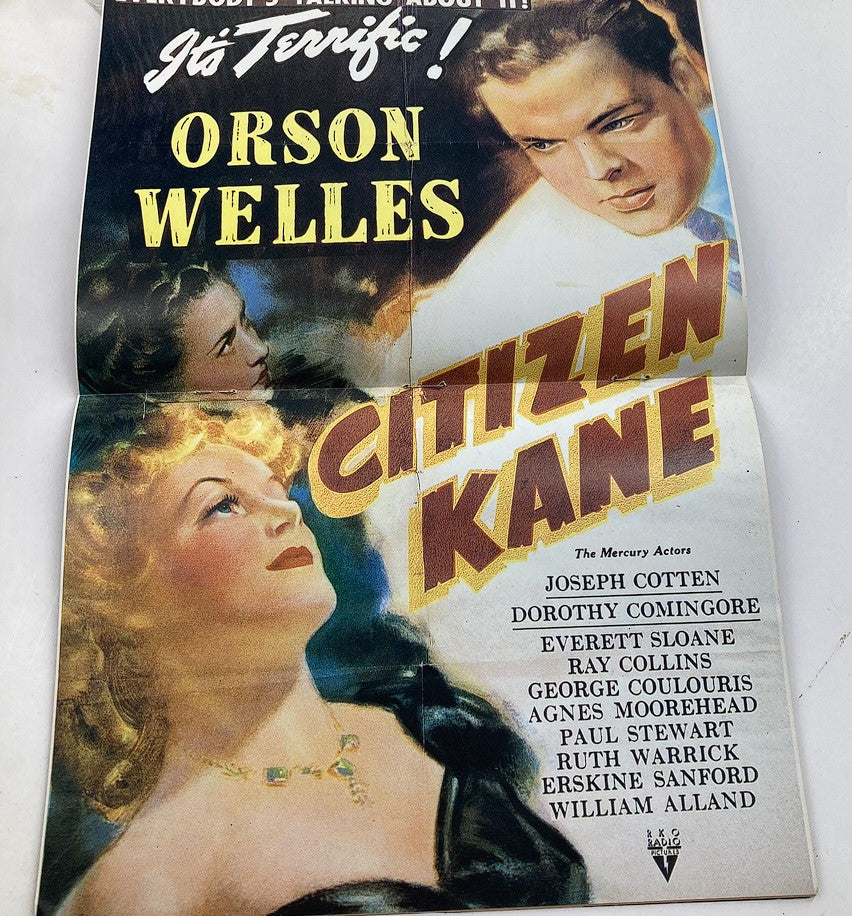 Poster featured in Hollywood Studio Magazine Then & Now, July 1991, showcasing the film 'Citizen Kane' with images of Orson Welles and other actors, a collectible item for cinema enthusiasts.