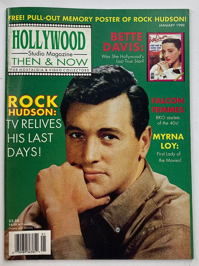 Cover of Hollywood Studio Magazine Then & Now January 1990 featuring Rock Hudson, showcasing articles on Hollywood's iconic stars and events.