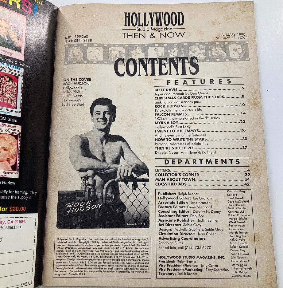 Contents page of Hollywood Studio Magazine Then & Now January 1990, highlighting features including Rock Hudson and Bette Davis.