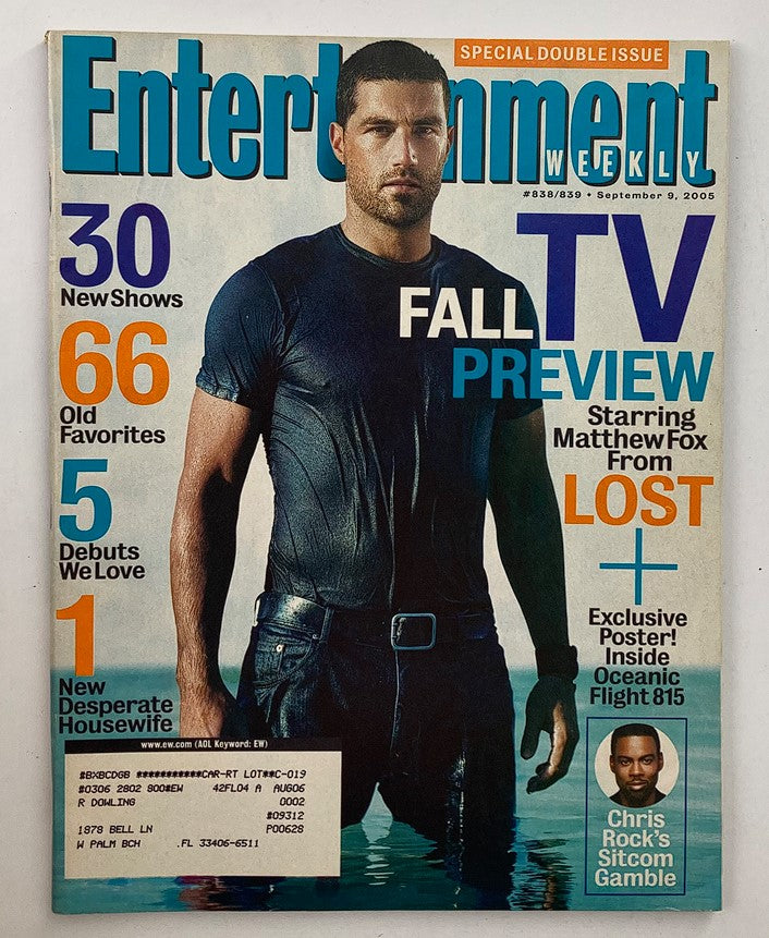 Entertainment Weekly Magazine September 9 2005 Cover featuring Matthew Fox in a wet t-shirt showcasing the Fall TV Preview with highlights from popular shows and an exclusive poster from Oceanic Flight 815.