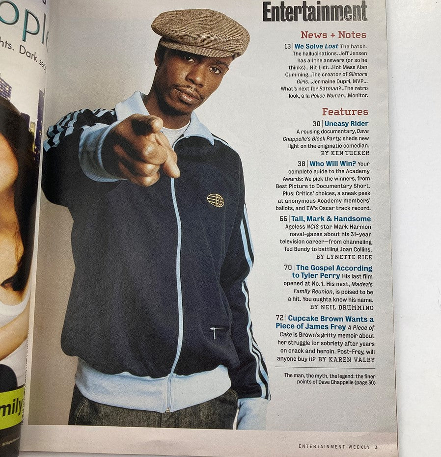 Interior page from Entertainment Weekly Magazine March 3, 2006 showcasing an article about Dave Chappelle in a stylish outfit, discussing his career and upcoming projects.