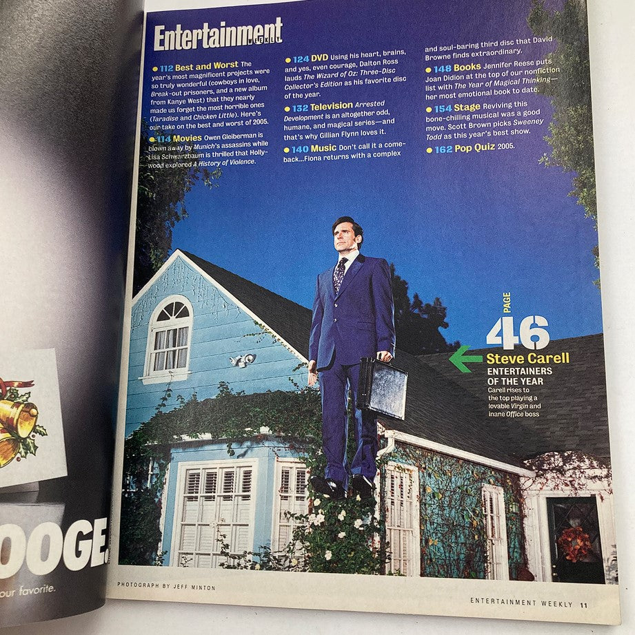 Inside page of Entertainment Weekly Magazine December 30 2005 displaying an article featuring Steve Carell as Entertainer of the Year, with a photo by Jeff Newton.