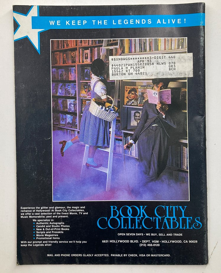 Back cover of Hollywood Studio Magazine Then & Now September 1992 highlighting Book City Collectables. The advertisement showcases the store's offerings of movie memorabilia, books, and autographs related to classic Hollywood.