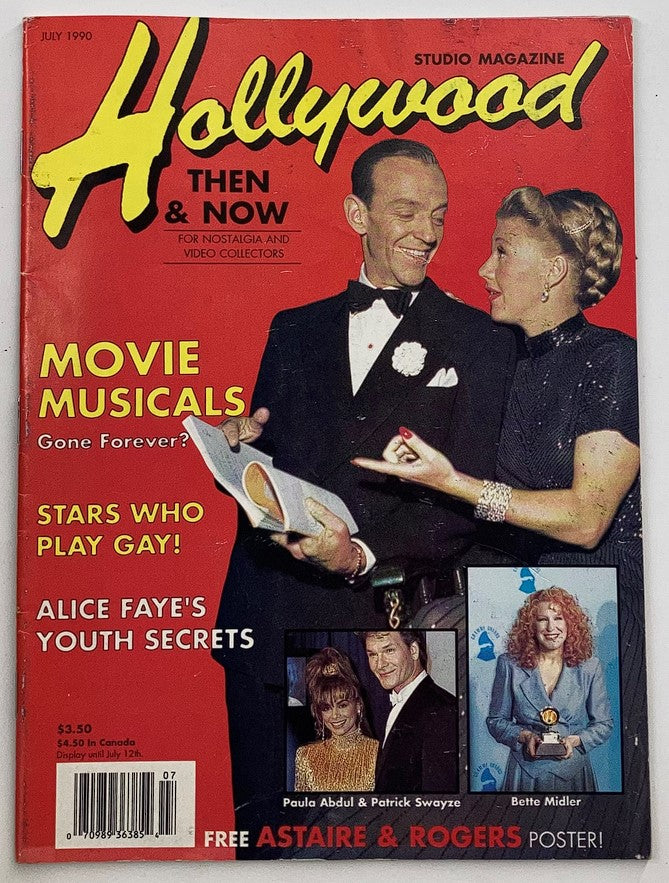 Cover of Hollywood Studio Magazine Then & Now July 1990 featuring Patrick Swayze, with articles on movie musicals and iconic stars, includes a poster.