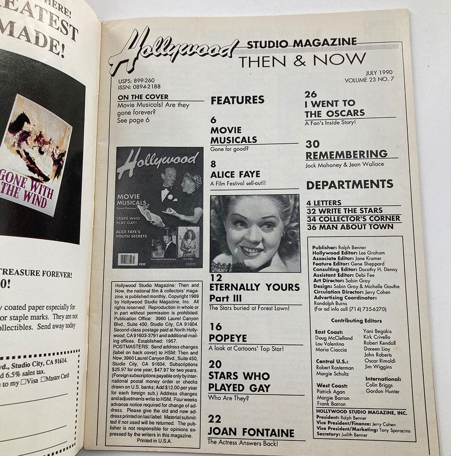 Table of contents page from Hollywood Studio Magazine Then & Now July 1990, listing features including articles about Alice Faye and movie musicals.