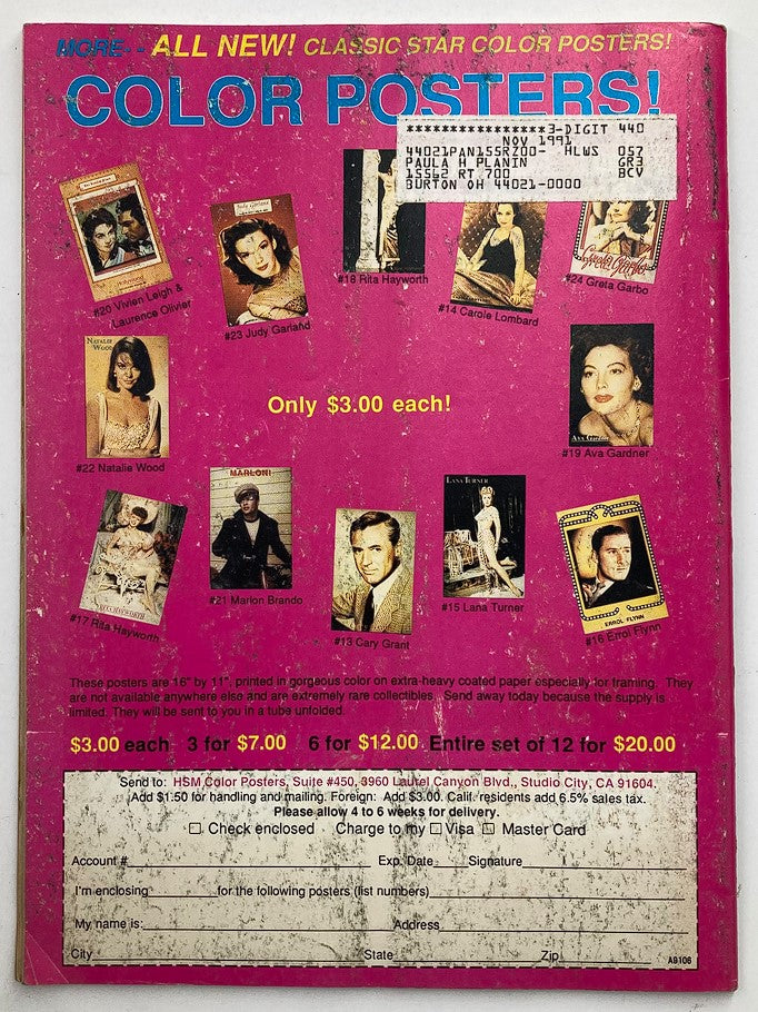 Back cover of Hollywood Studio Magazine Then & Now June 1991 highlighting collectible color posters of classic stars including Natalie Wood, Marlon Brando, and Rita Hayworth.