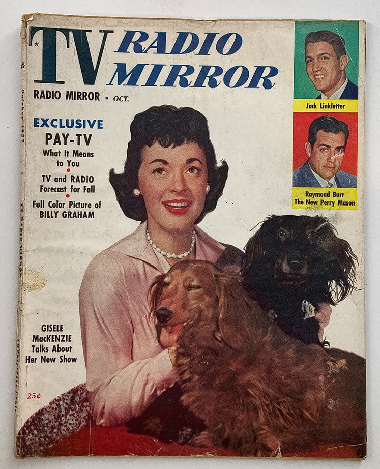 VTG TV Radio Mirror Magazine October 1957 Cover featuring Gisele MacKenzie, Raymond Burr, and two dogs. Iconic vintage magazine showcasing classic television stars from the 1950s.