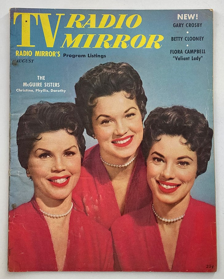 VTG TV Radio Mirror Magazine August 1955 Vol 44 #3 featuring The McGuire Sisters on the cover with three smiling women in red outfits and pearl necklaces, showcasing vintage American pop culture from the 1950s.