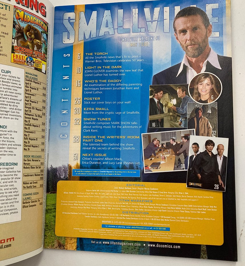 Inside page of Smallville Official Magazine #8, showing the contents section, featuring articles and interviews related to the show, including highlights of characters and themes from the iconic television series.