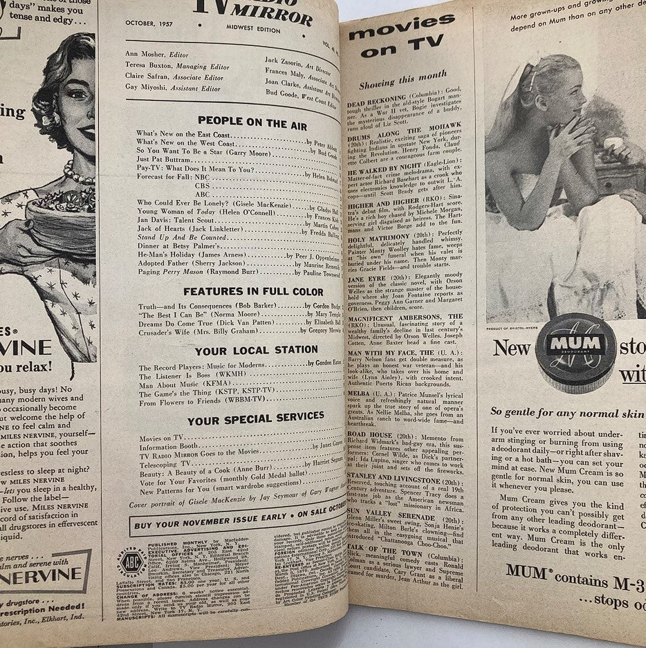 Inside pages of the VTG TV Radio Mirror Magazine October 1957 with details on shows and features including Gisele MacKenzie and Raymond Burr. Nostalgic content reflecting the entertainment of the late 1950s.