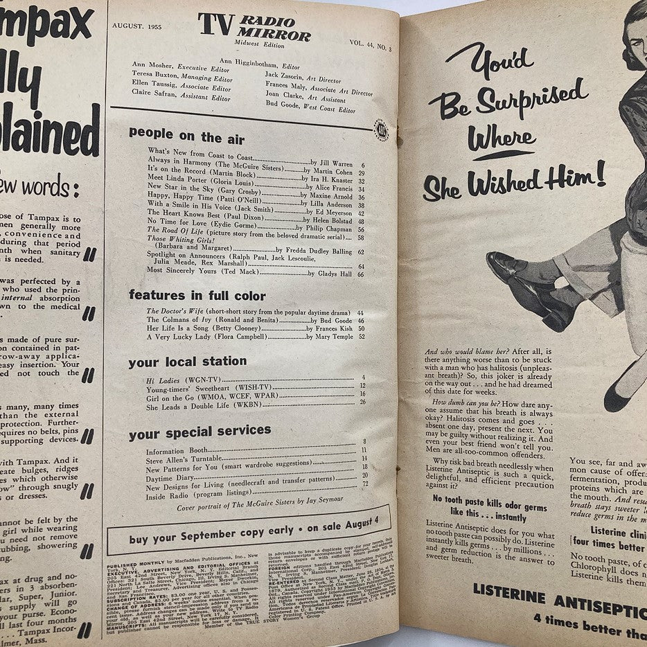 Inside pages of VTG TV Radio Mirror Magazine August 1955 Vol 44 #3 featuring articles, advertisements, and the McGuire Sisters, highlighting mid-20th century pop culture.