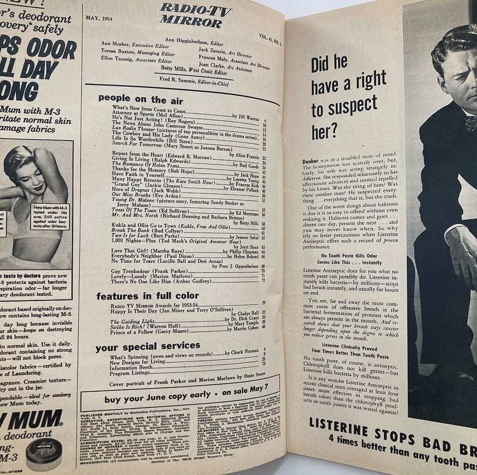 Interior page of VTG Radio-TV Mirror Magazine May 1954 Vol 41 #6 showing the contents list and features of the magazine with classic advertisements.