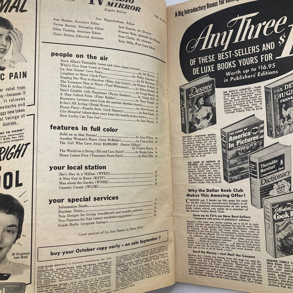 Inside page of VTG TV Radio Mirror Magazine from September 1954 showing the table of contents and features, including a portrait of Lu Ann Simms, Volume 42, Issue #4