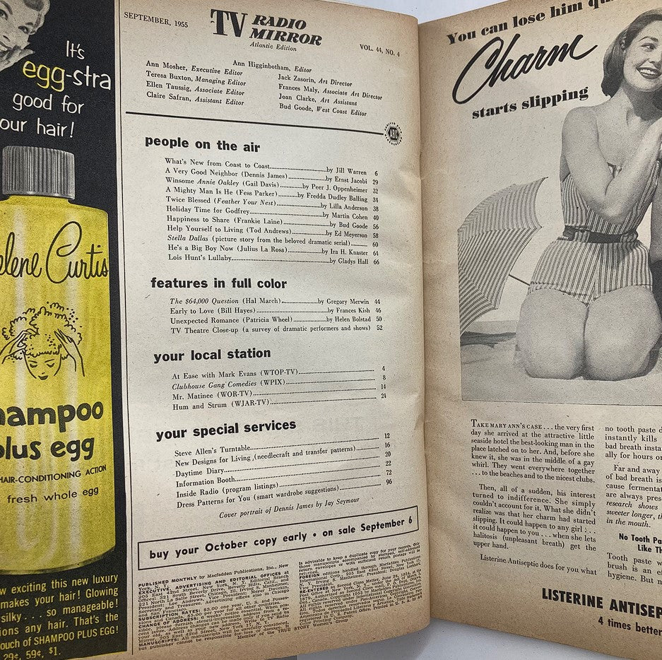 Inside pages of the VTG TV Radio Mirror Magazine from September 1955, featuring contents about broadcasting, including articles and advertisements, with an emphasis on mid-20th century entertainment.