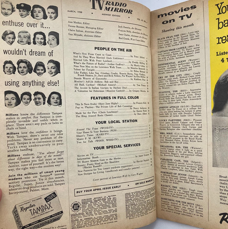 Inside pages of the VTG TV Radio Mirror Magazine March 1958 displaying articles and advertisements reflective of mid-20th century television culture.