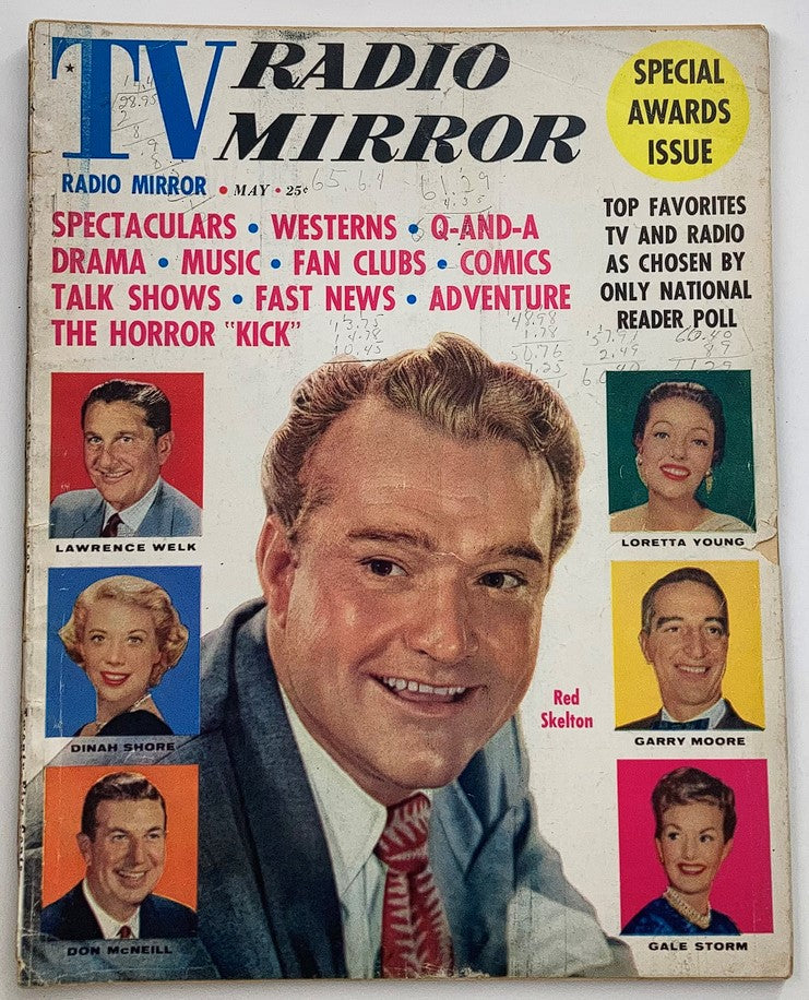 VTG TV Radio Mirror Magazine May 1959 cover featuring Red Skelton, Dinah Shore, and Lawrence Welk, showcasing iconic television personalities and elements of 1950s pop culture.