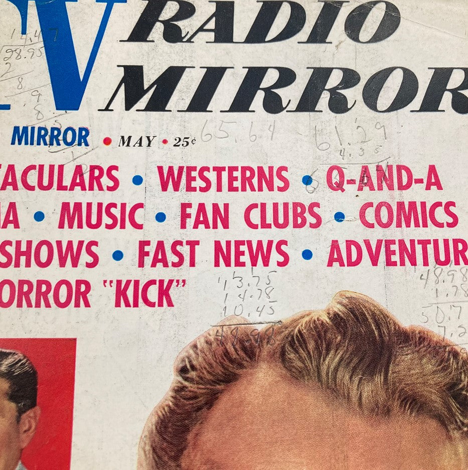 Close-up view of the VTG TV Radio Mirror Magazine May 1959 cover highlighting the magazine's title and details such as 'Spectaculars', 'Comics', and 'Music'.