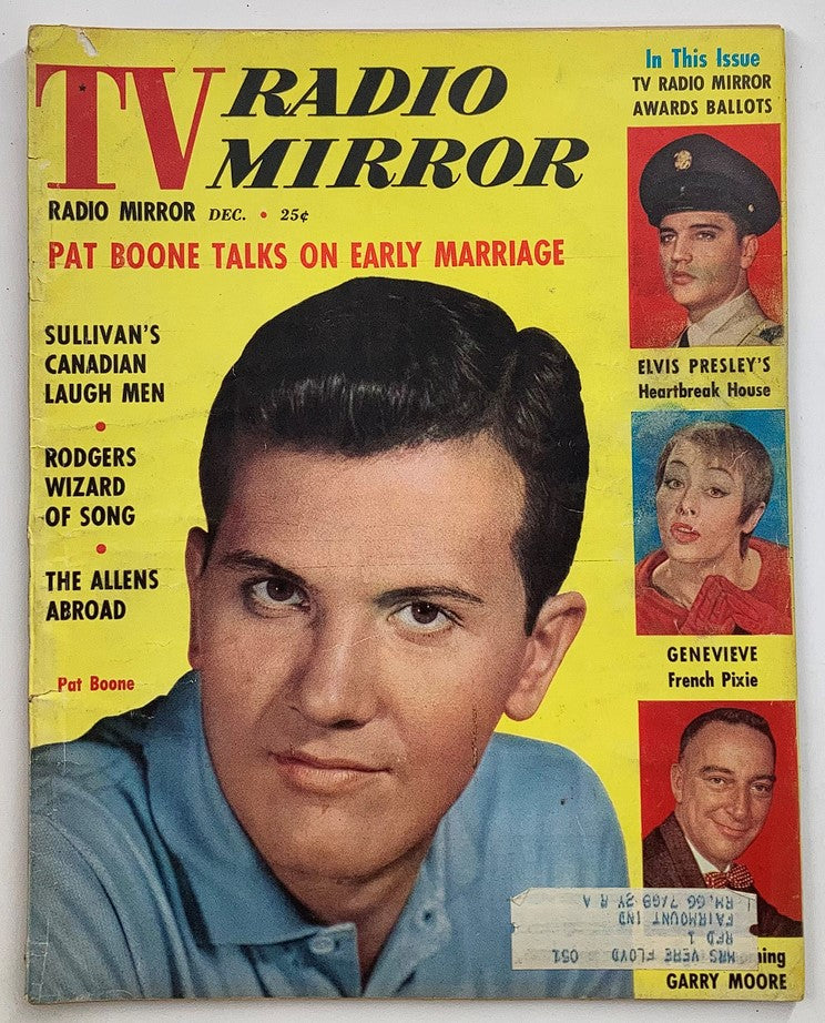 Cover of VTG TV Radio Mirror Magazine December 1958 featuring Pat Boone and Elvis Presley, showcasing articles on early marriage and entertainment highlights.