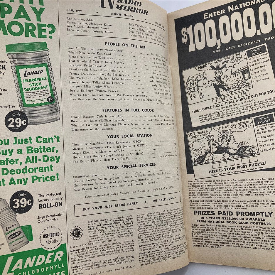 Inside pages of VTG TV Radio Mirror Magazine June 1959 Vol 52 #1 displaying contents including articles on television personalities, advertisements, and features reflecting the media landscape of the late 1950s.
