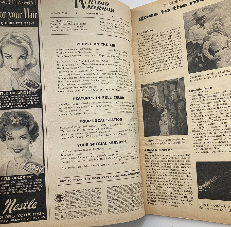 Inside page of VTG TV Radio Mirror Magazine December 1958, displaying contents and features including articles about television and radio personalities of the time.