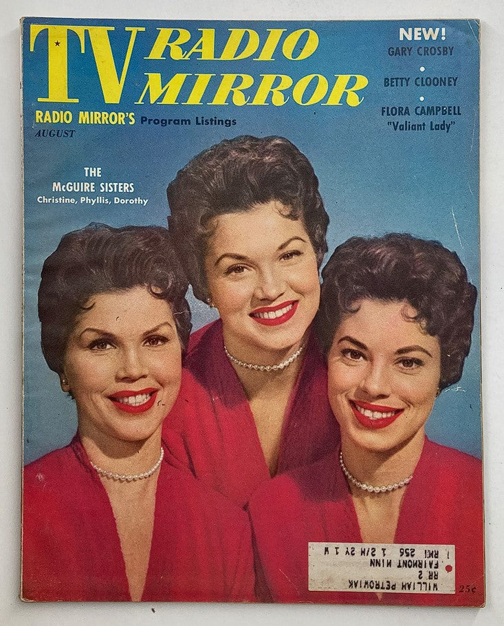 VTG TV Radio Mirror Magazine August 1955 featuring a colorful cover with a portrait of the McGuire Sisters showcasing their iconic hairstyles and bright smiles, perfect for vintage magazine collectors.