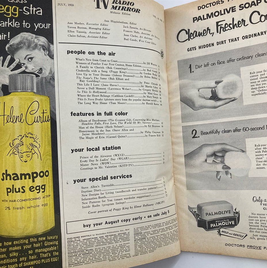 Interior pages of the VTG TV Radio Mirror Magazine July 1955, showcasing content including articles and advertisements, featuring a product ad for Palmolive soap and a portrait of Peggy King.